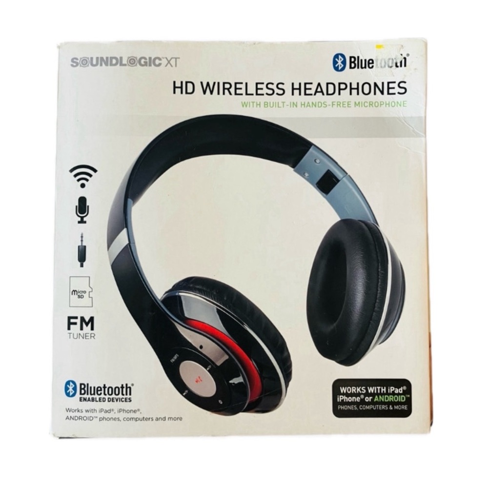 BNIB Black, red, and silver SoundlogicXT wireless bluetooth headphones w/ mic